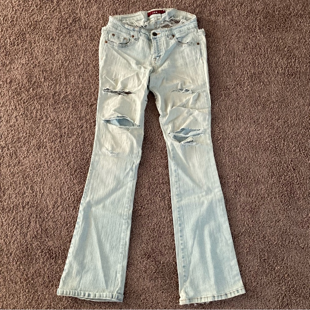 D’NIM Y2K Distressed Stretchy Flare Bootcut Jeans Size 7 Light Wash Blue